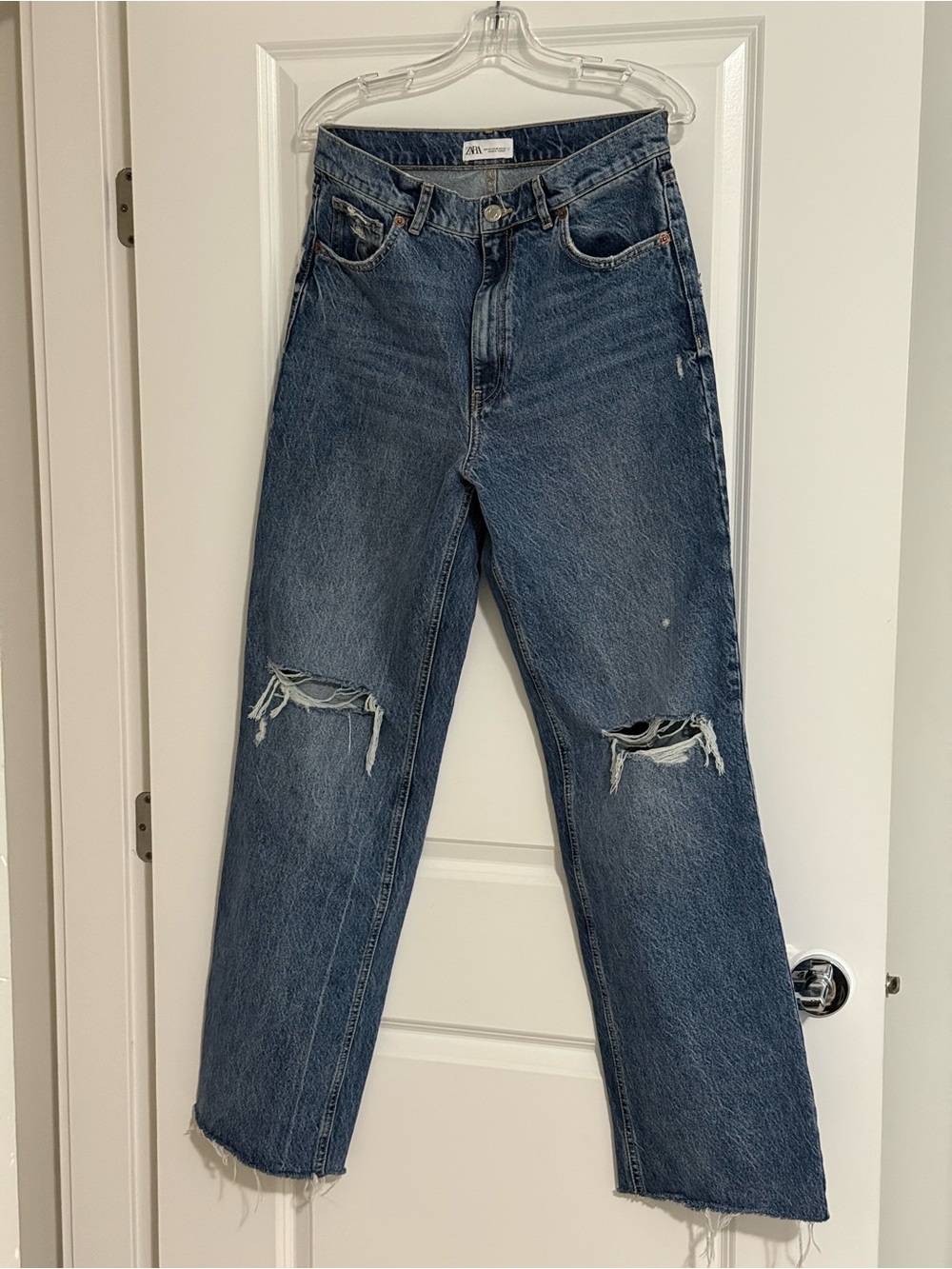 Zara High Waist Wide Leg Jean with Ripped Knees